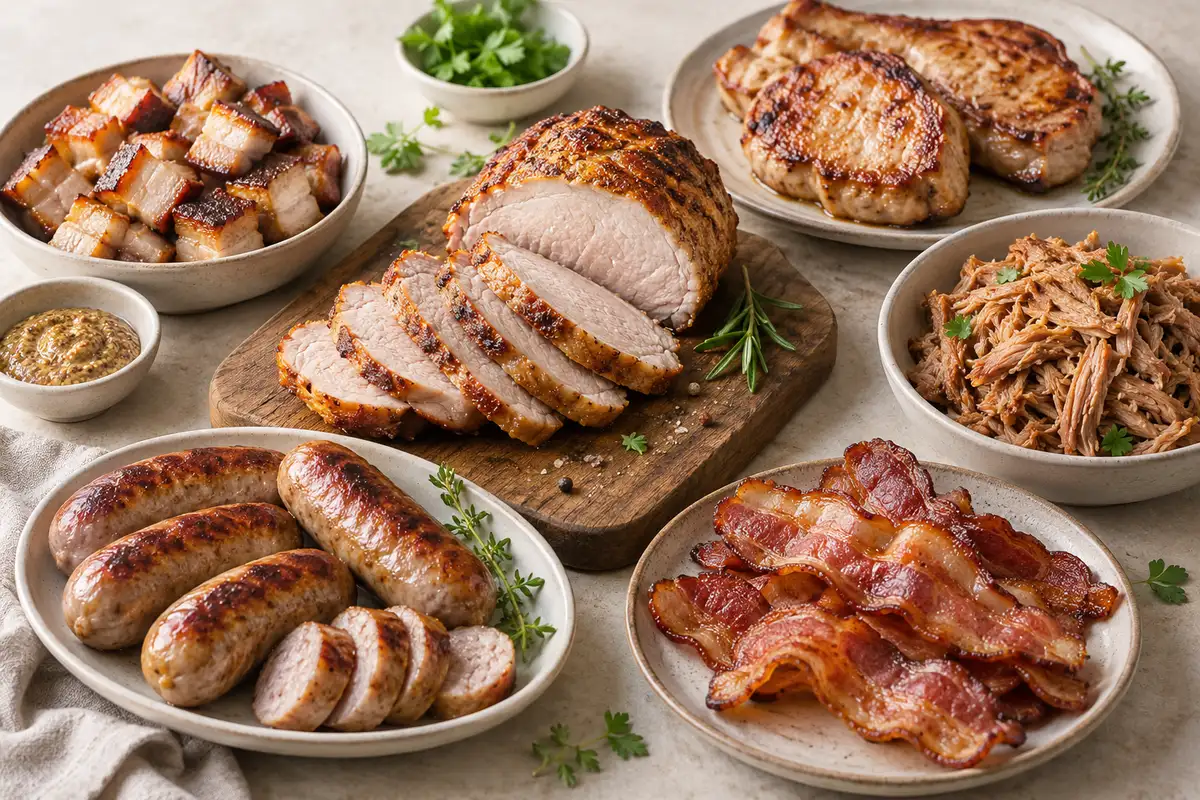 Assortiment de morceaux de porc cuits sur un fond de lin clair.