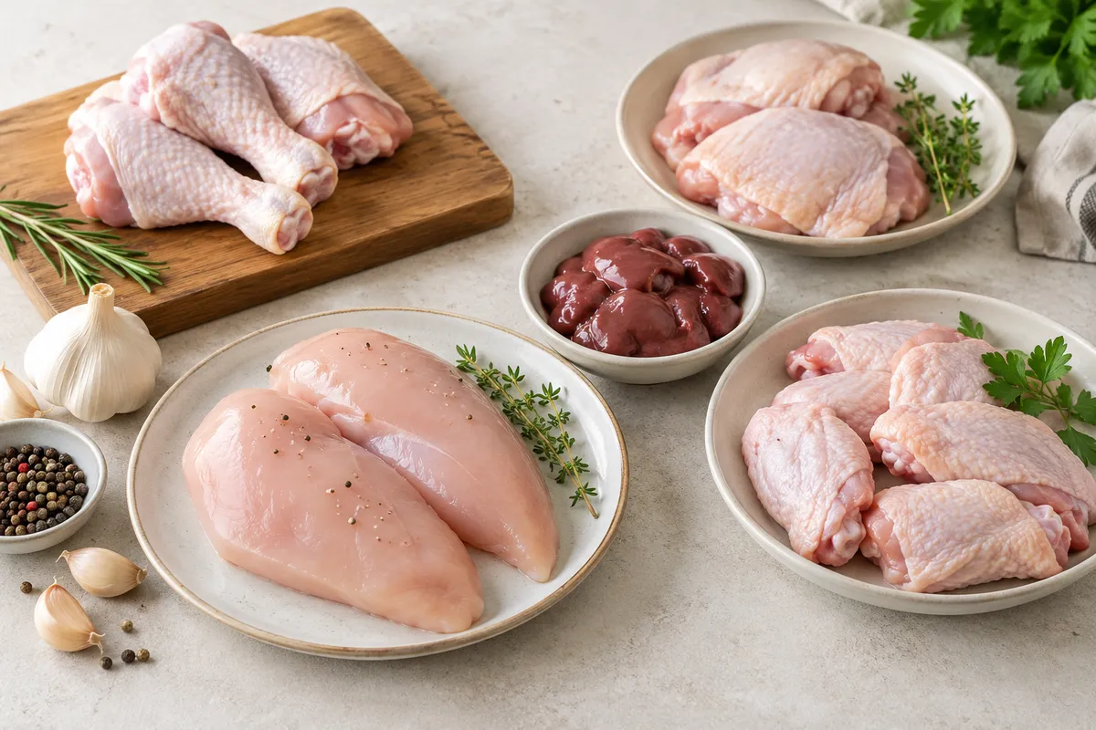 Assortiment de morceaux de poulet crus sur un fond de lin clair.