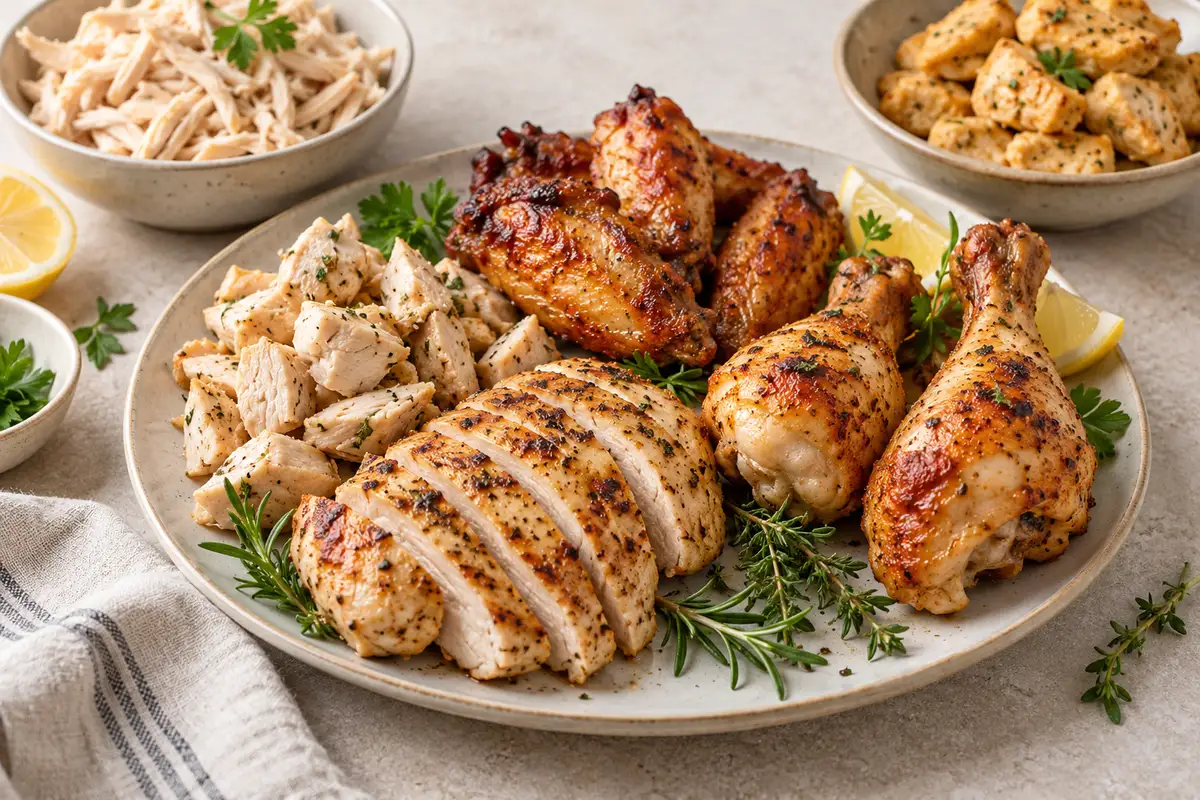 Assortiment de morceaux de poulet cuits sur un fond de lin clair.