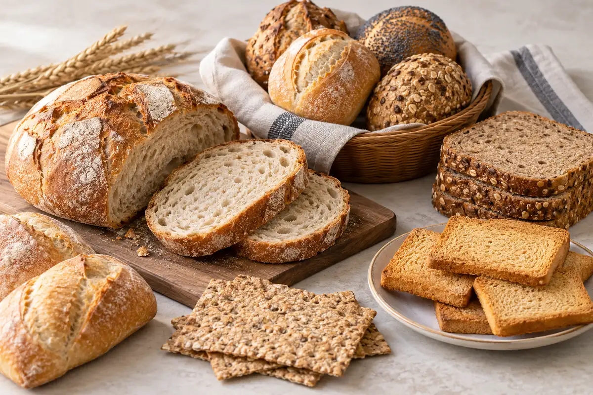 Assortiment de pains et biscottes sur un fond de lin clair.