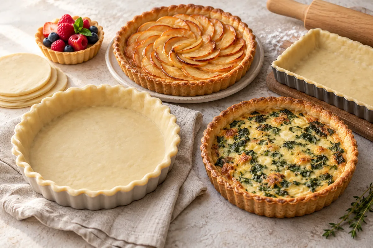 Assortiment de pâtes à tarte sur un fond de lin clair.