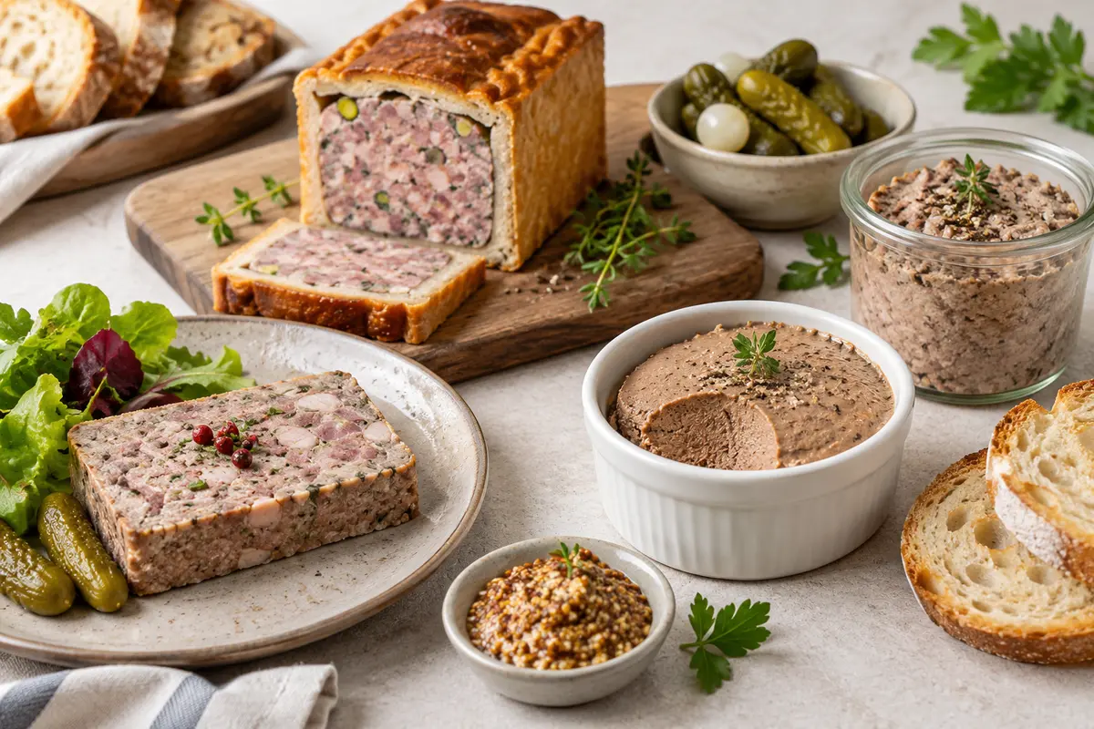 Assortiment de pâtés et terrines sur un fond de lin clair.