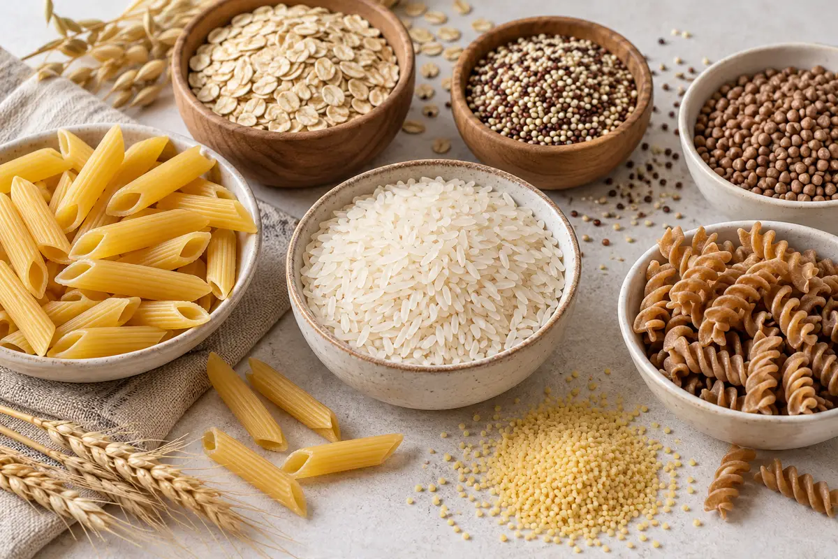 Assortiment de pâtes, riz et céréales crus sur un fond de lin clair.