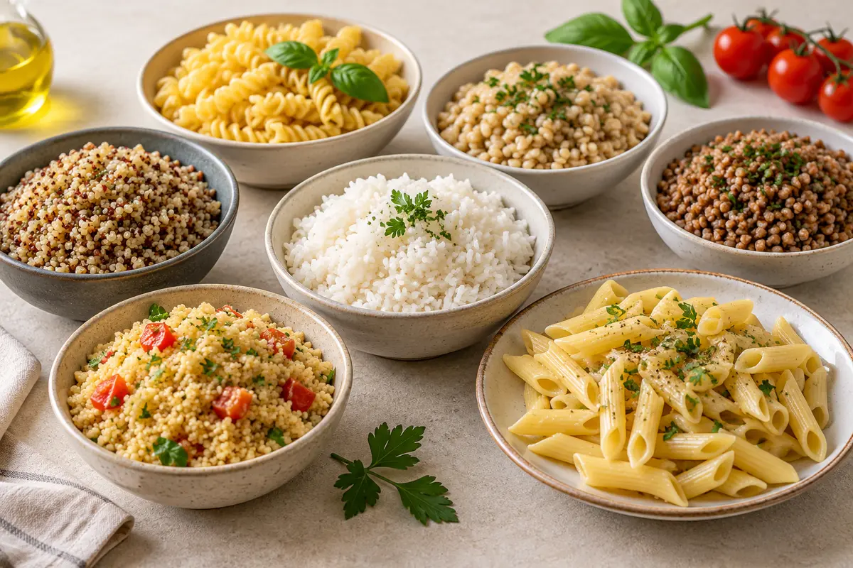 Assortiment de pâtes, riz et céréales cuits sur un fond de lin clair.