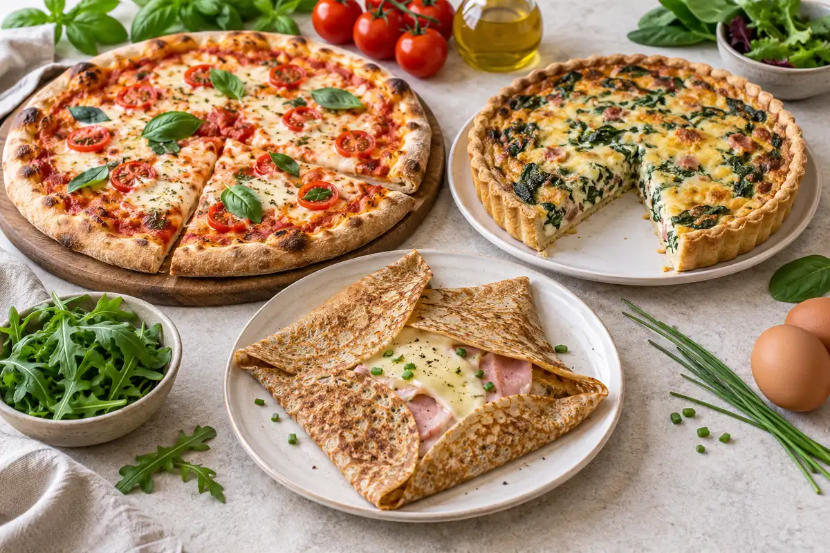 Assortiment de pizzas, tartes et crêpes salées sur un fond de lin clair.