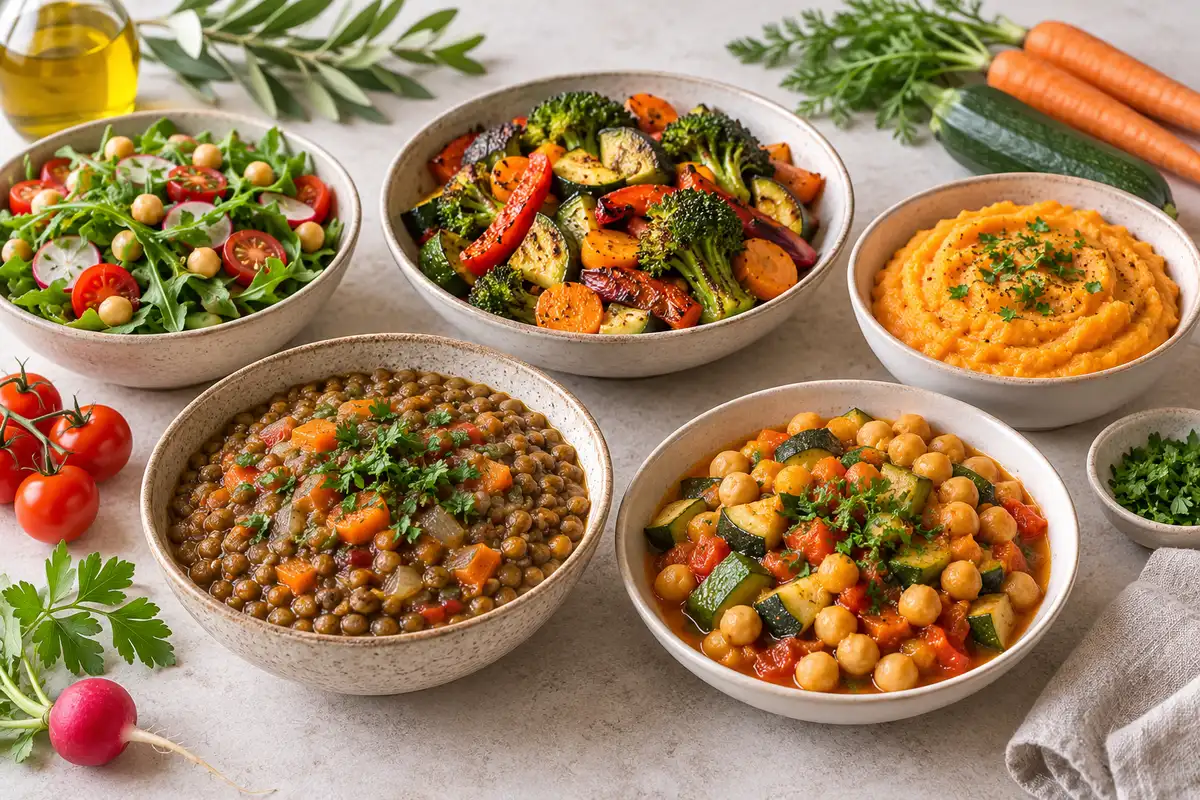 Assortiment de plats de légumes et de légumineuses sur un fond de lin clair.
