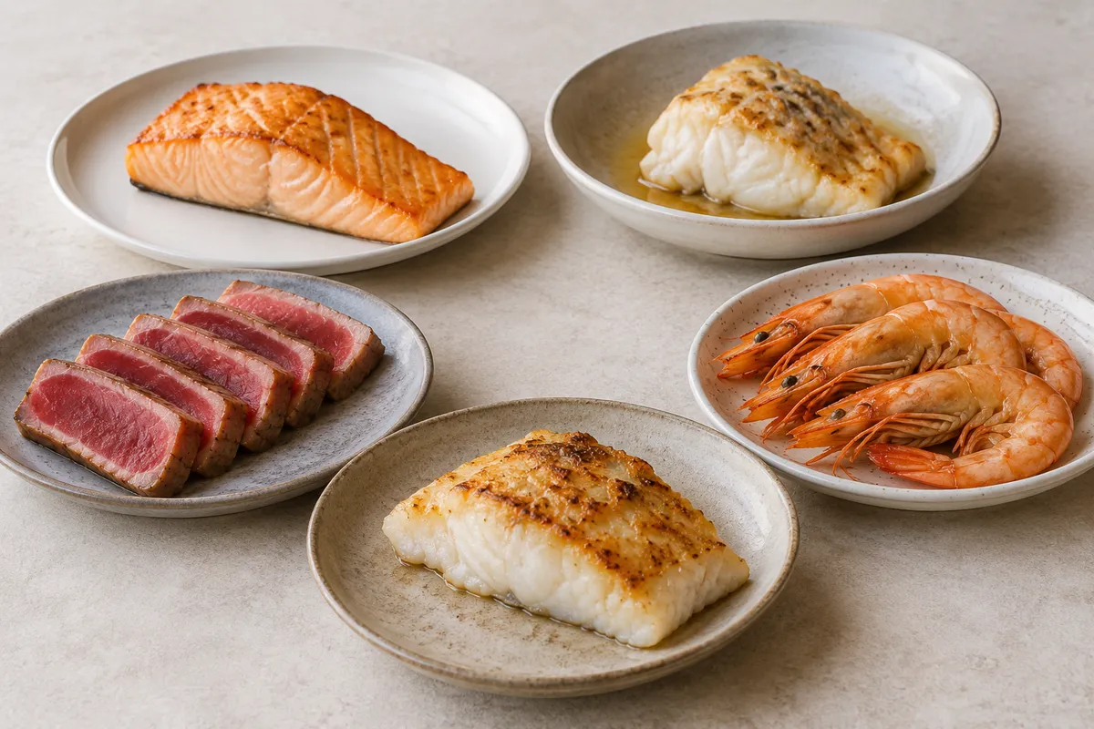 Assortiment de plats de poisson sans garniture sur un fond de lin clair.