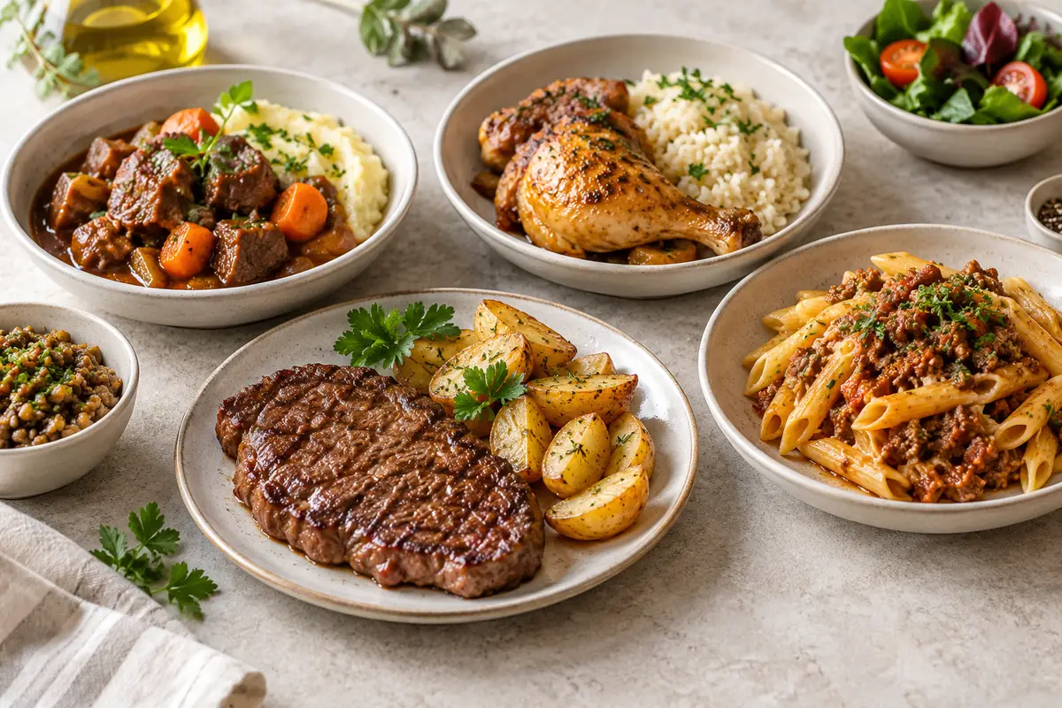 Assortiment de plats de viande et féculents sur un fond de lin clair.
