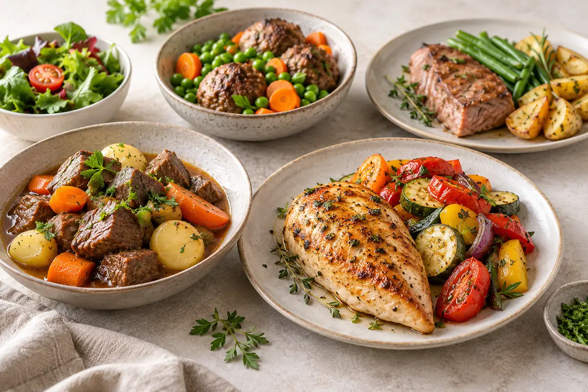 Assortiment de plats de viande et légumes sur un fond de lin clair.