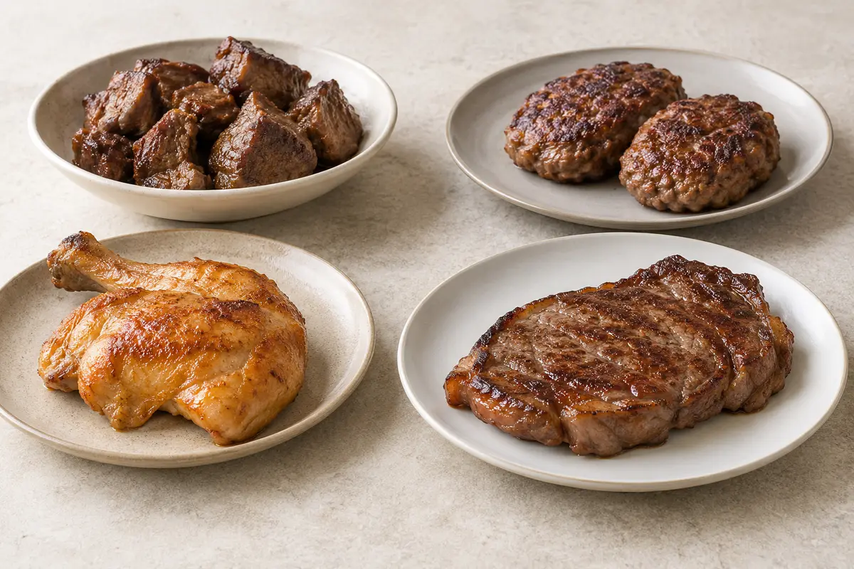 Assortiment de plats de viande sans garniture sur un fond de lin clair.