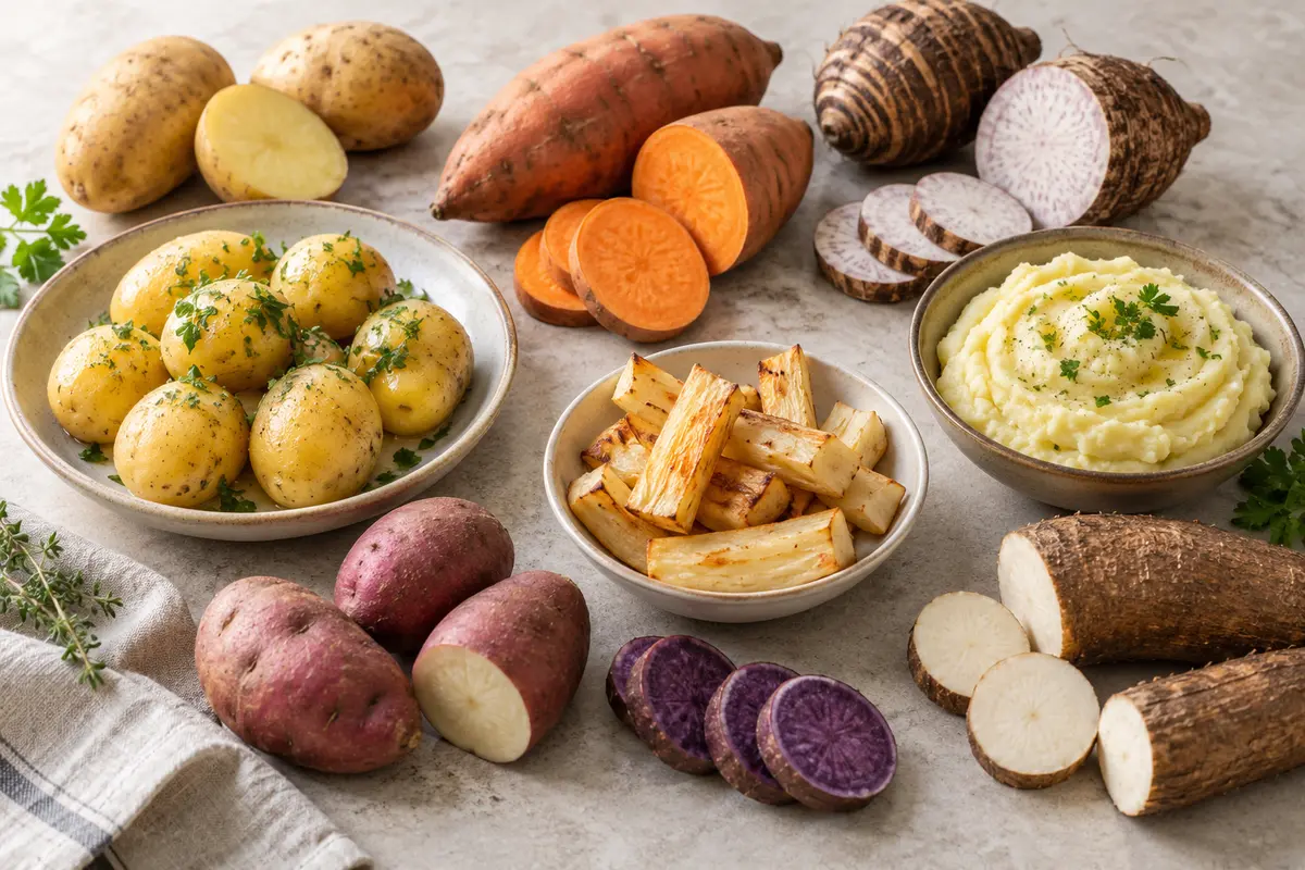 Assortiment de pommes de terre et tubercules sur un fond de lin clair.