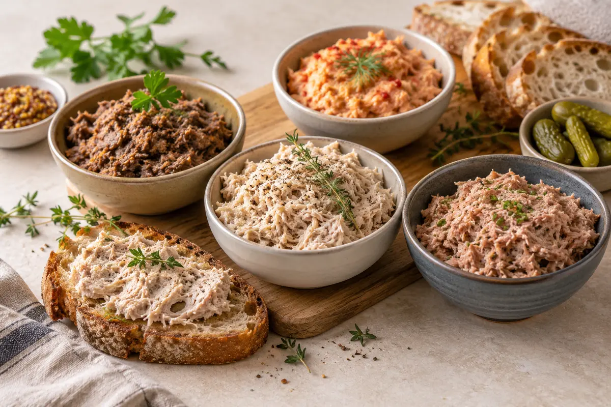 Assortiment de rillettes sur un fond de lin clair.