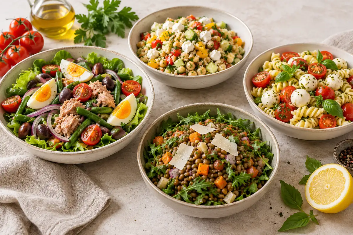 Assortiment de salades composées sur un fond de lin clair.