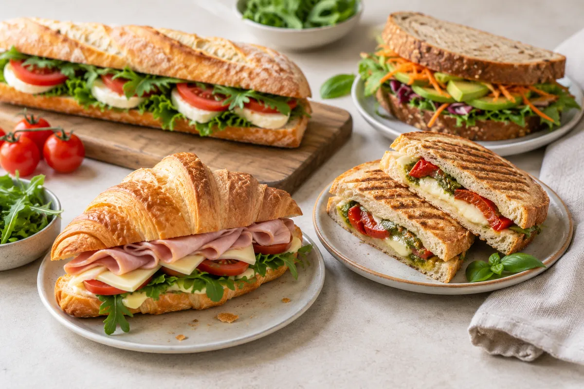 Assortiment de sandwichs sur un fond de lin clair.