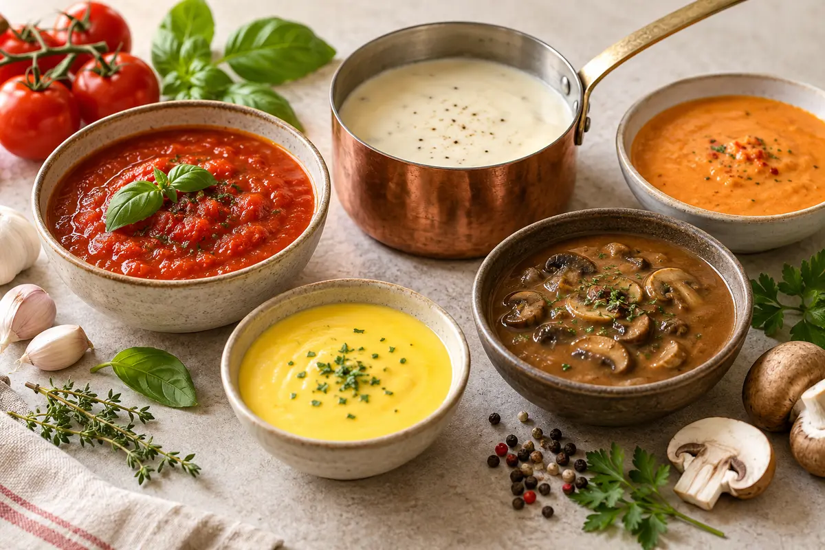 Assortiment de sauces chaudes sur un fond de lin clair.