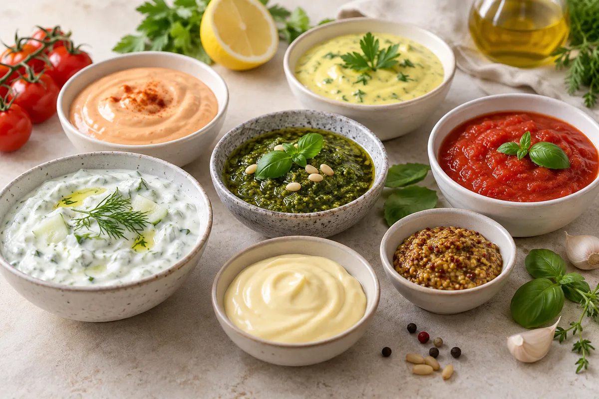 Assortiment de sauces froides sur un fond de lin clair.