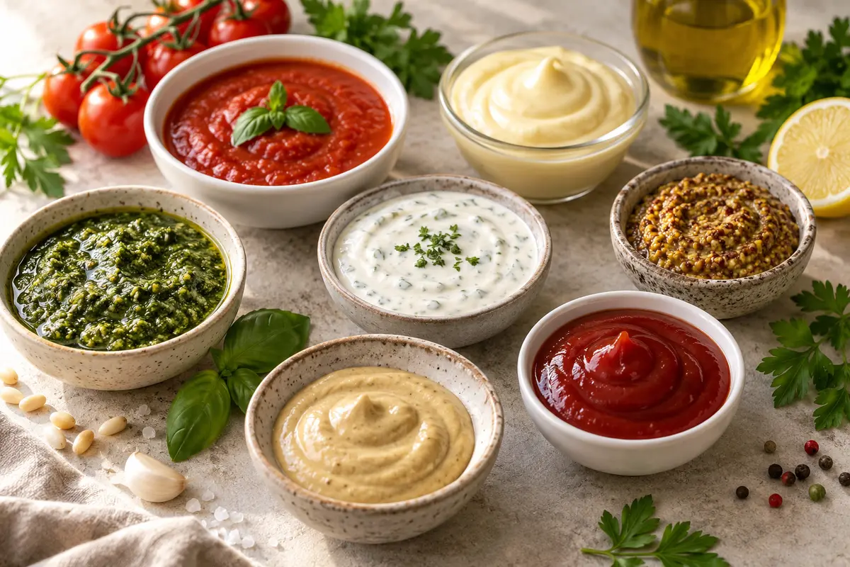 Assortiment de sauces sur un fond de lin clair.