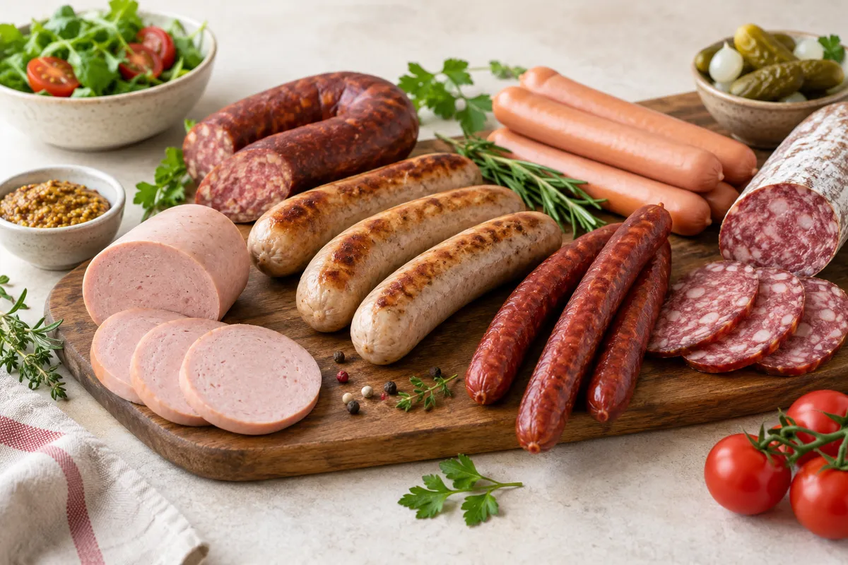 Assortiment de saucisses et assimilés sur un fond de lin clair.