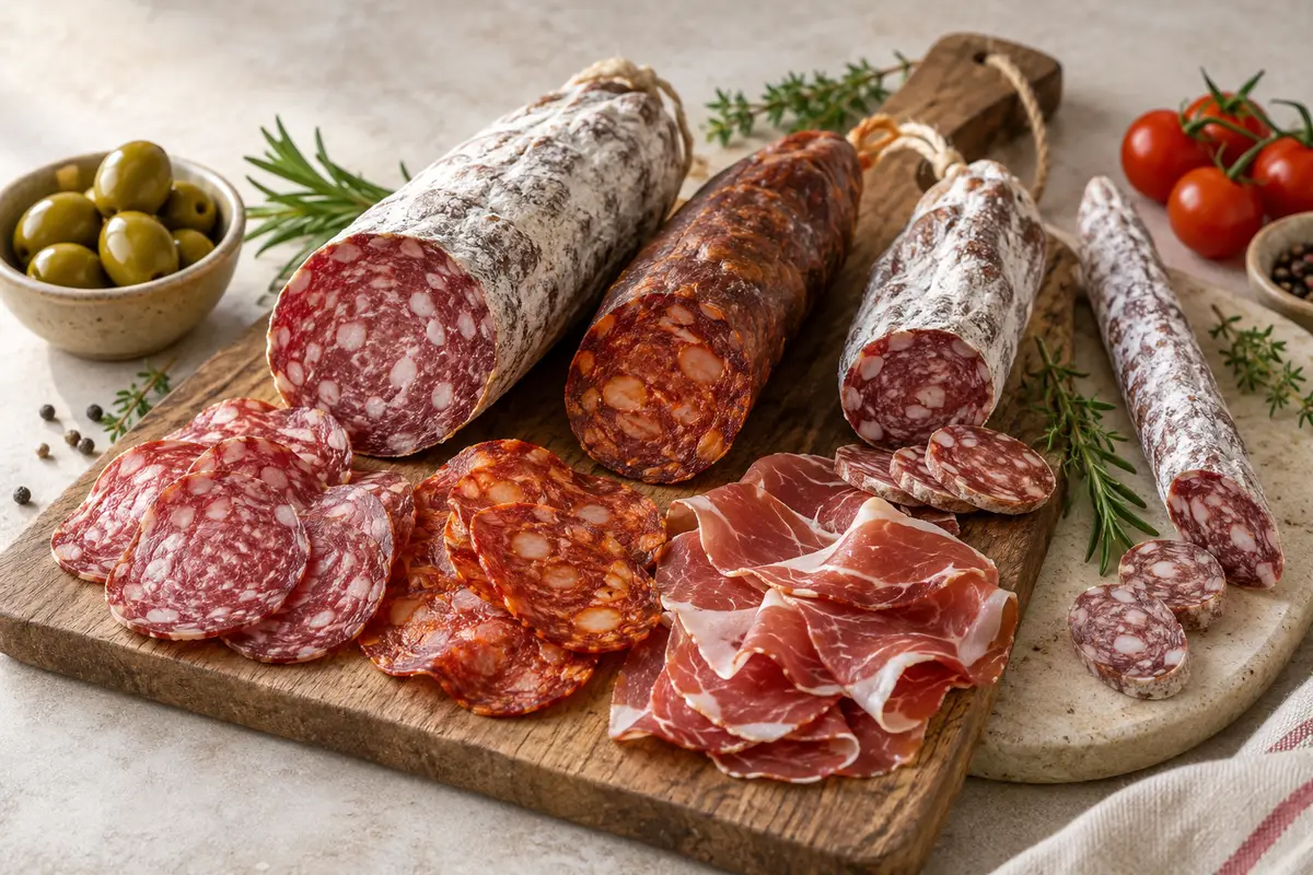Assortiment de saucisson secs sur un fond de lin clair.