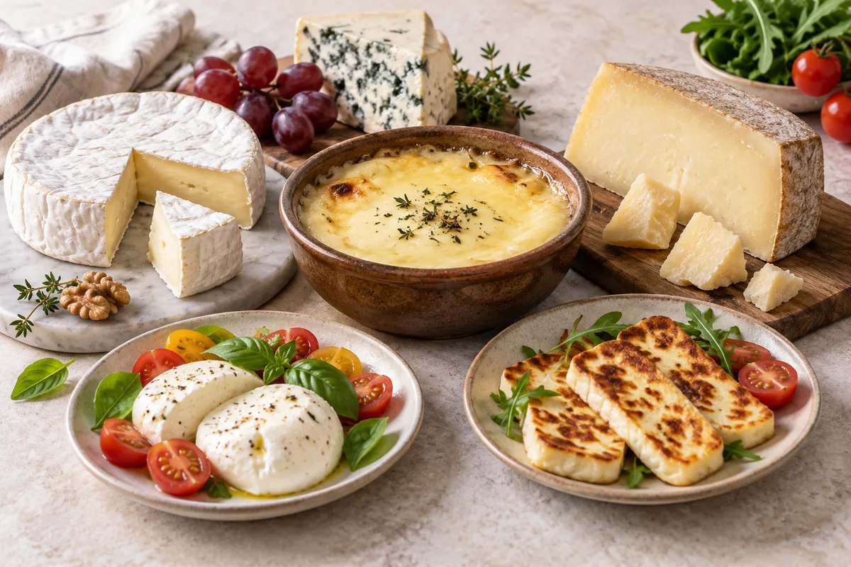 Assortiment de spécialités fromagères sur un fond de lin clair.