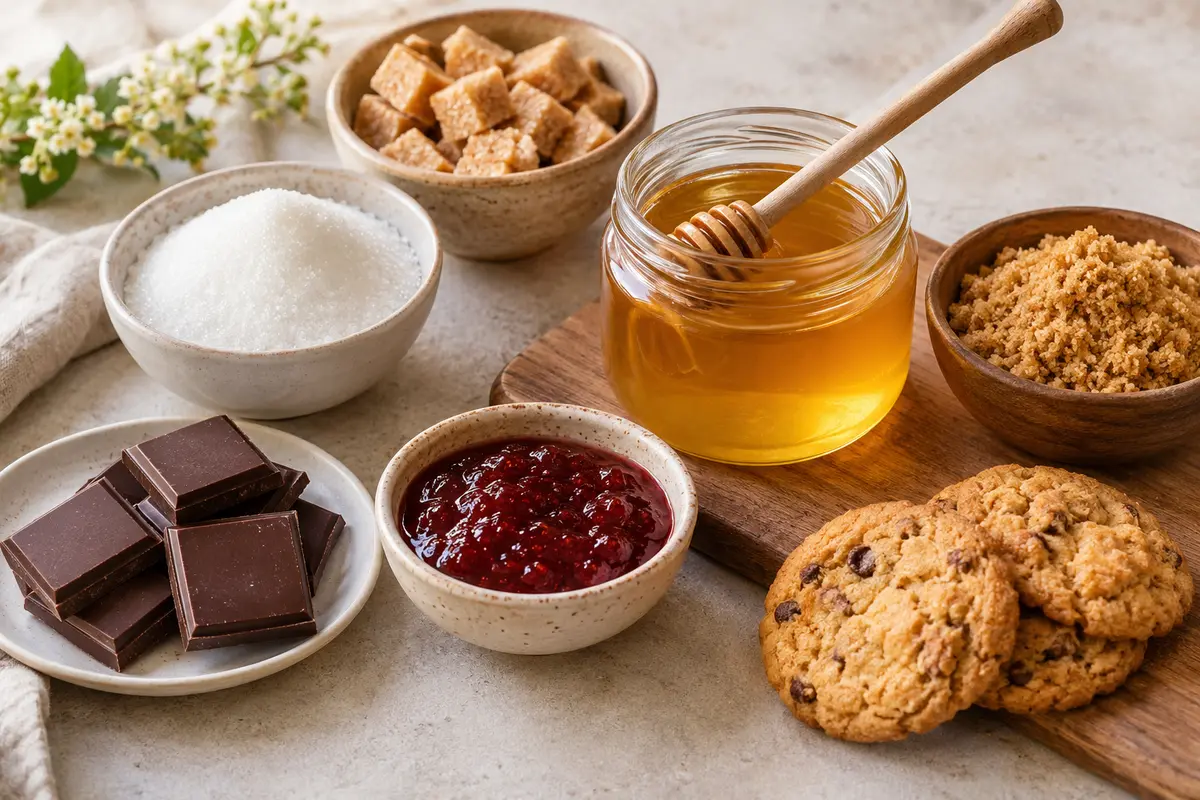 Assortiment de sucres et miels sur un fond de lin clair.