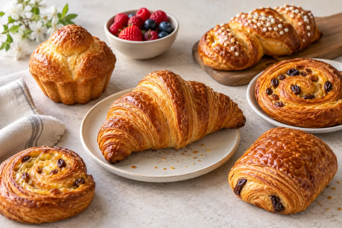 Assortiment de viennoiseries sur un fond de lin clair.