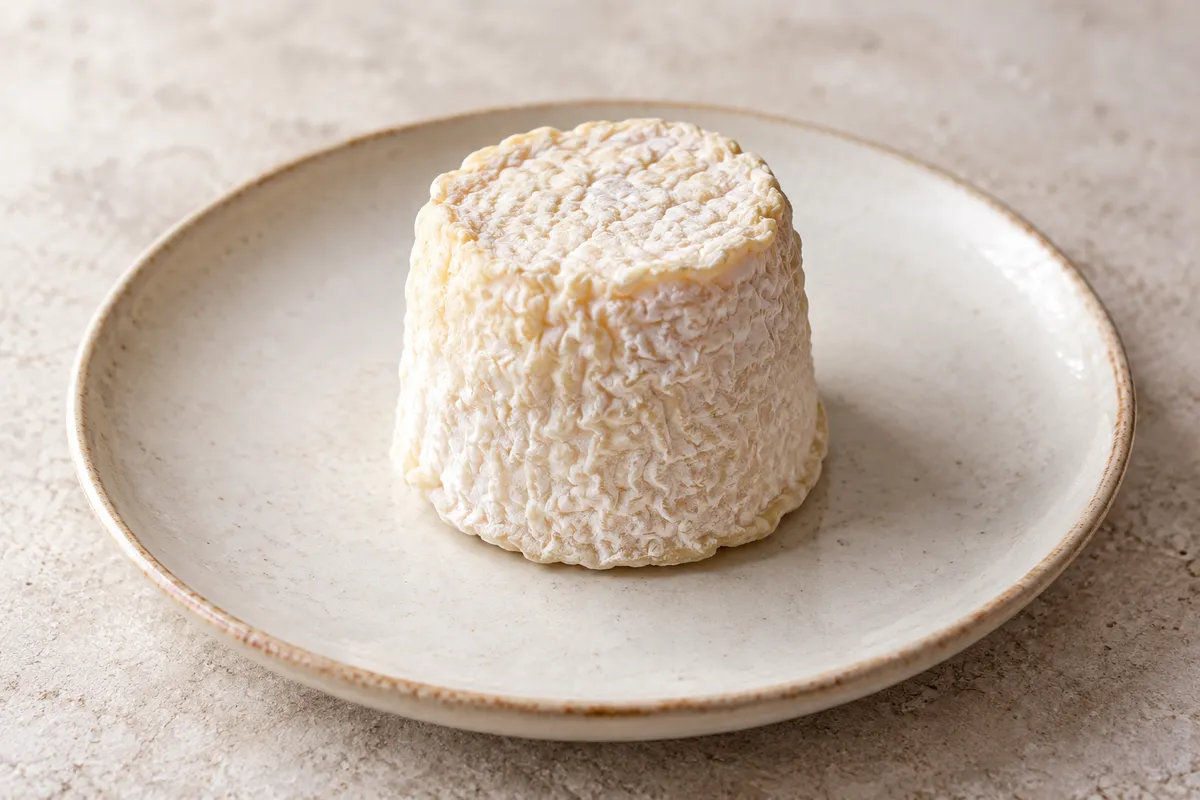 Chabichou (fromage de chèvre) sur un fond de lin clair.