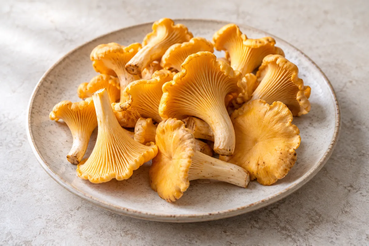 Champignon chanterelle ou girolle crue sur un fond de lin clair.