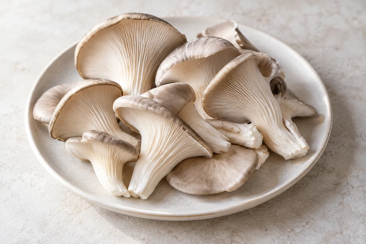 Champignon pleurote crue sur un fond de lin clair.
