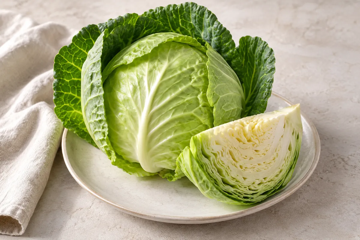 Chou vert cru sur un fond de lin clair.