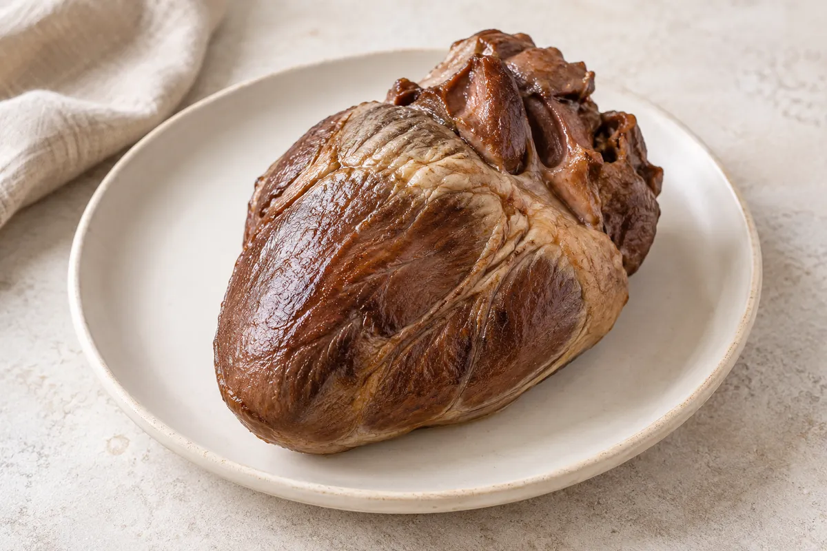 Coeur boeuf cuit sur un fond de lin clair.