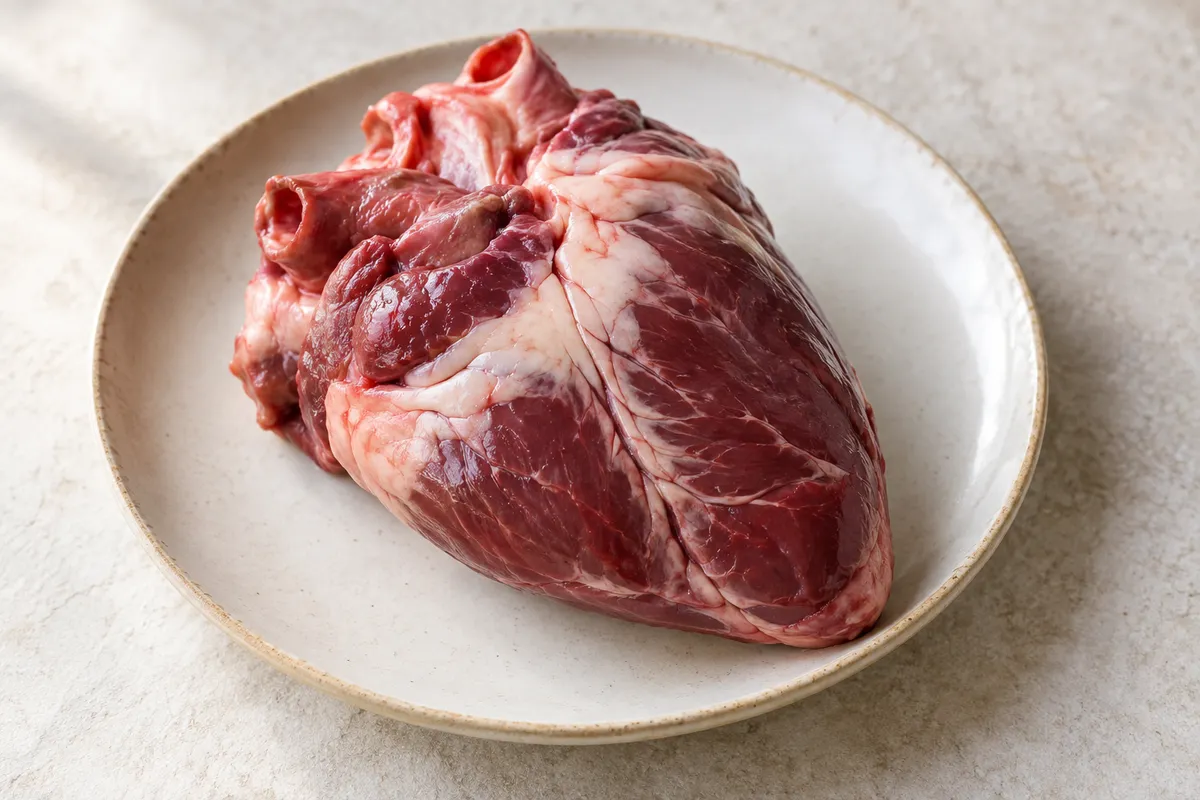 Coeur porc cru sur un fond de lin clair.