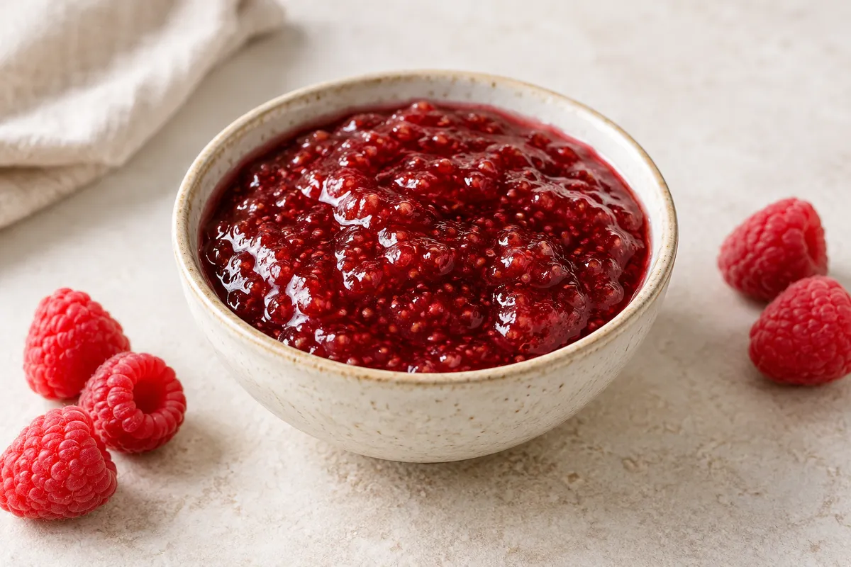 Confiture de framboise sur un fond de lin clair.