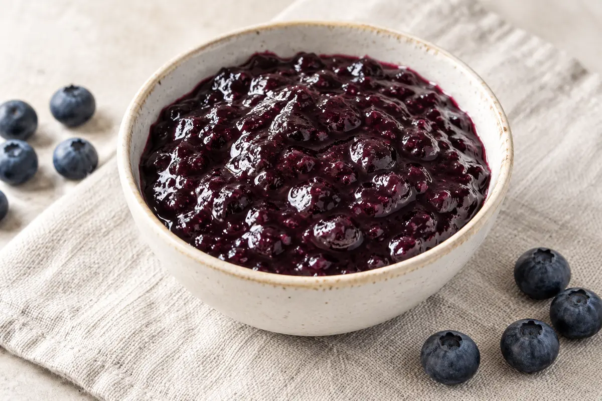 Confiture de myrtille sur un fond de lin clair.