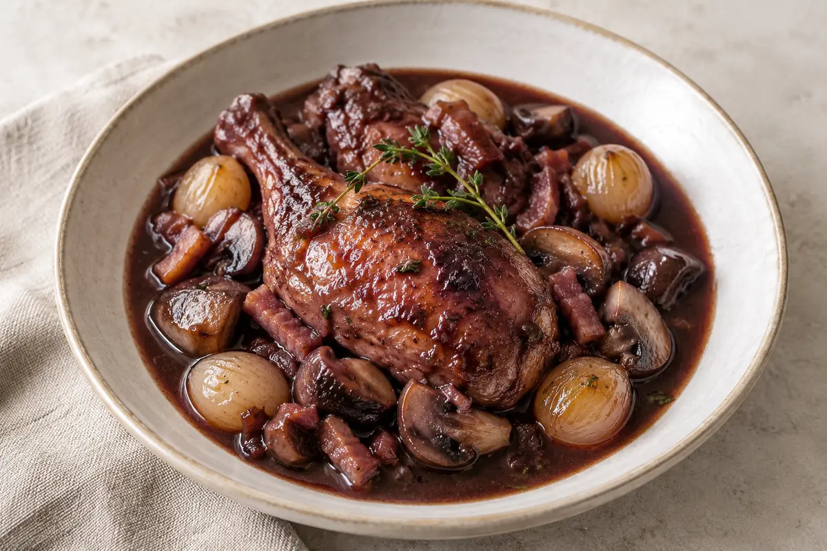 Coq au vin sur un fond de lin clair.