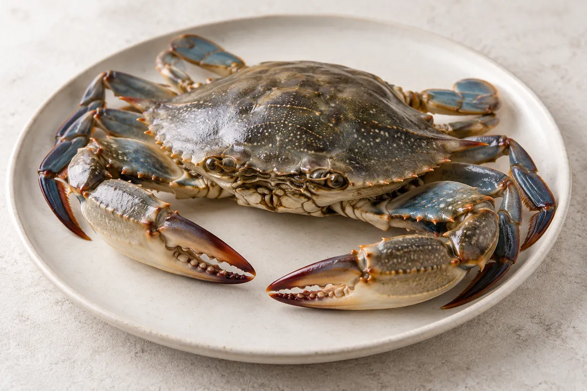 Crabe cru sur un fond de lin clair.