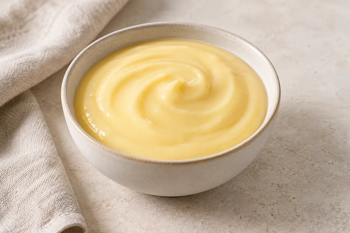 Crème dessert appertisée sur un fond de lin clair.