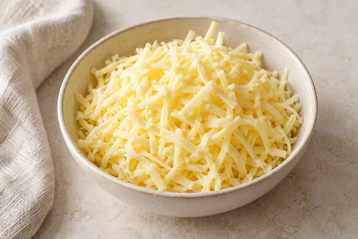 Emmental ou emmenthal râpé sur un fond de lin clair.