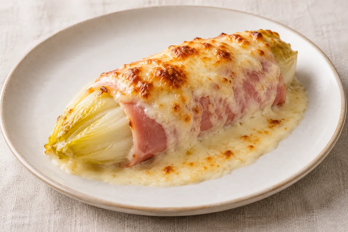 Endive au jambon sur un fond de lin clair.