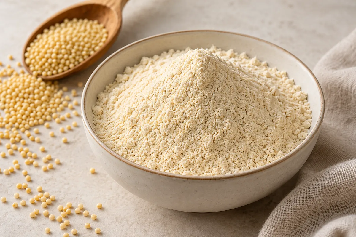 Farine de millet sur un fond de lin clair.