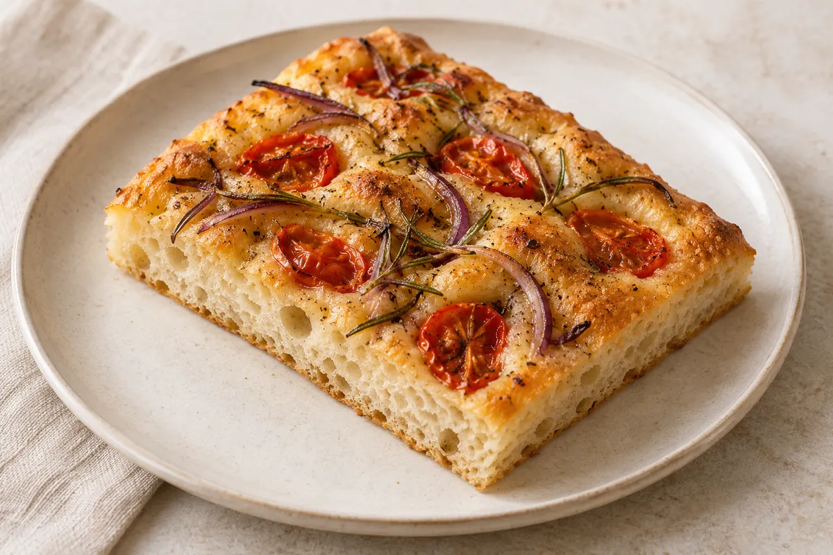 Focaccia garnie sur un fond de lin clair.