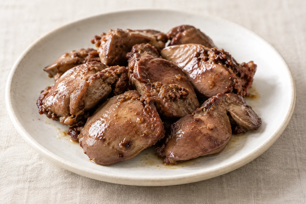 Foie poulet cuit sur un fond de lin clair.