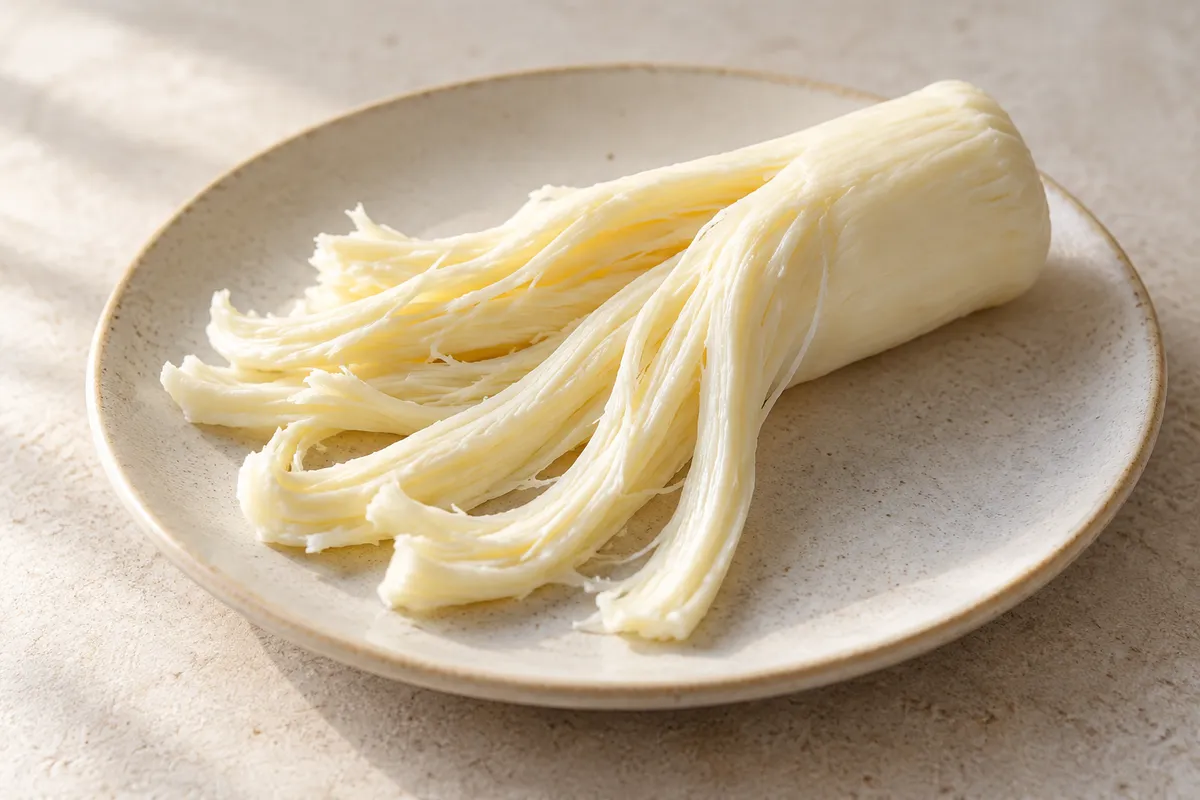 Fromage à effilocher ou à dérouler sur un fond de lin clair.