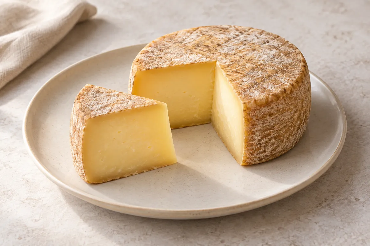 Fromage à pâte pressée cuite sur un fond de lin clair.