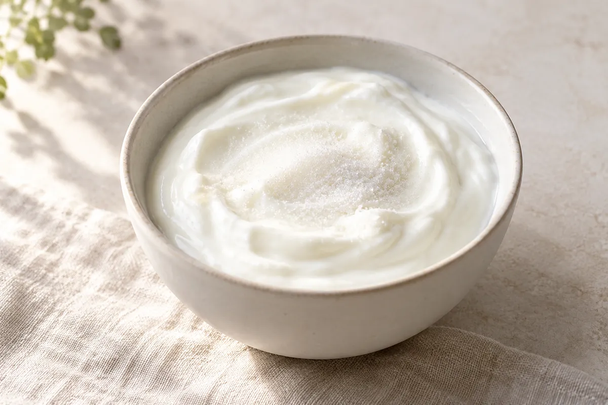 Fromage blanc, nature, 2-3% MG, sucré sur un fond de lin clair.