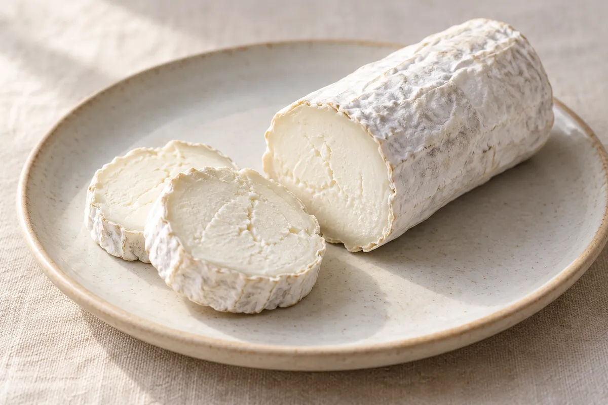 Fromage de chèvre bûche sur un fond de lin clair.