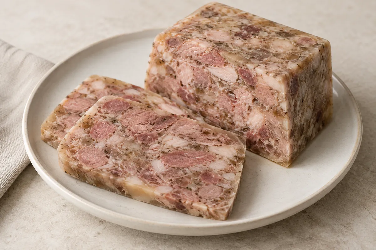 Fromage de tête sur un fond de lin clair.