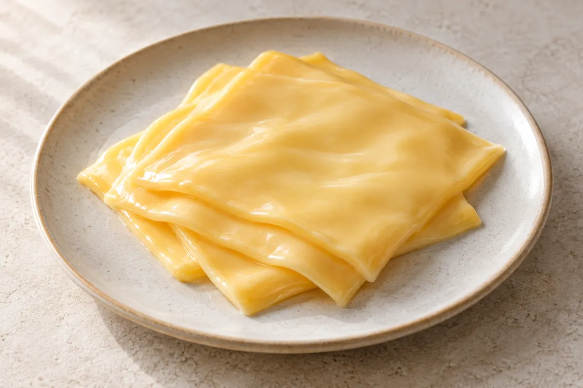 Fromage fondu en tranchettes sur un fond de lin clair.