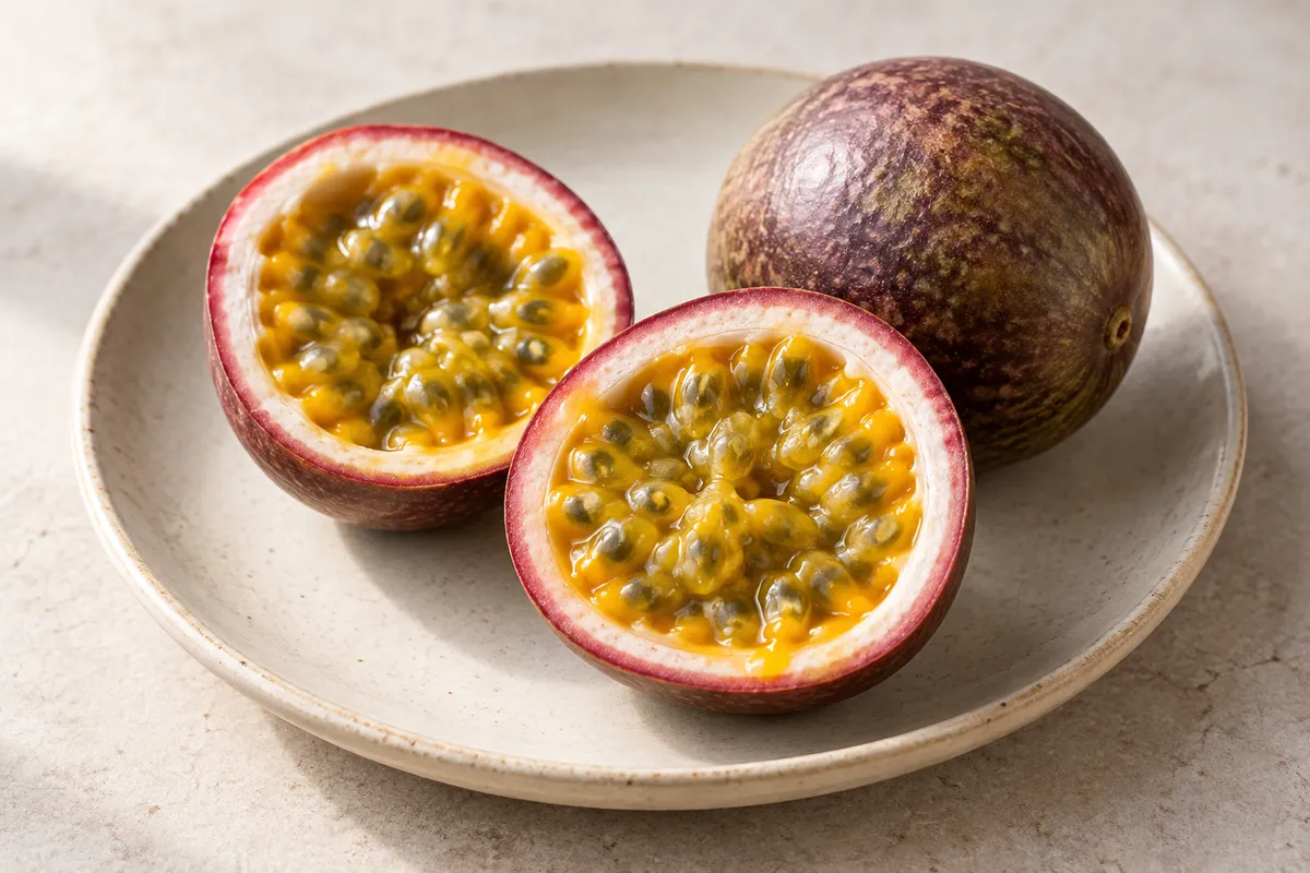 Fruit de la passion ou maracudja cru sur un fond de lin clair.