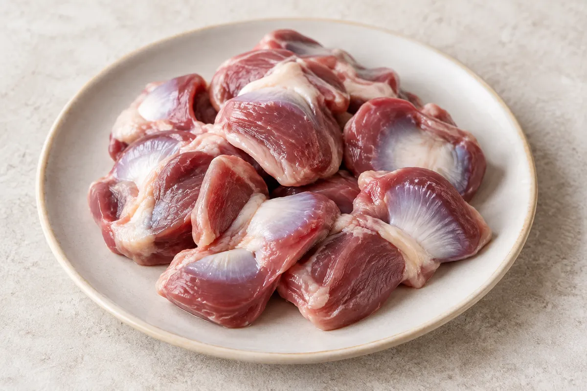 Gésier poulet cru sur un fond de lin clair.